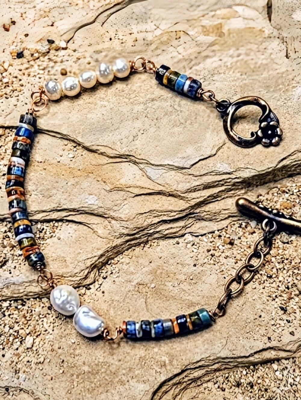 Spiny Oyster Turquoise /Freshwater Pearls In Handcrafted Artisan Copper Bracelet